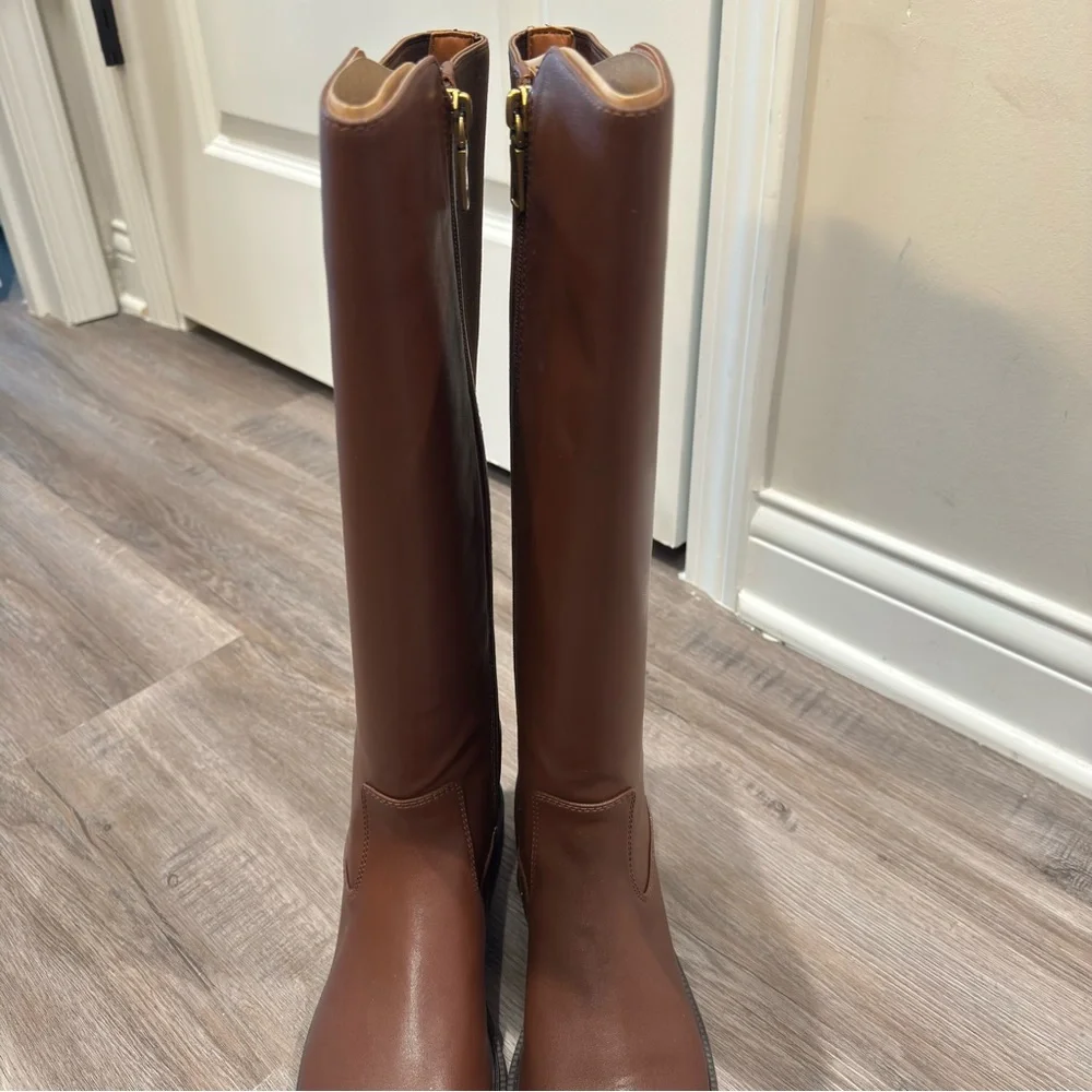 Coach Faith Riding Tall Brown Walnut Leather Logo Boots